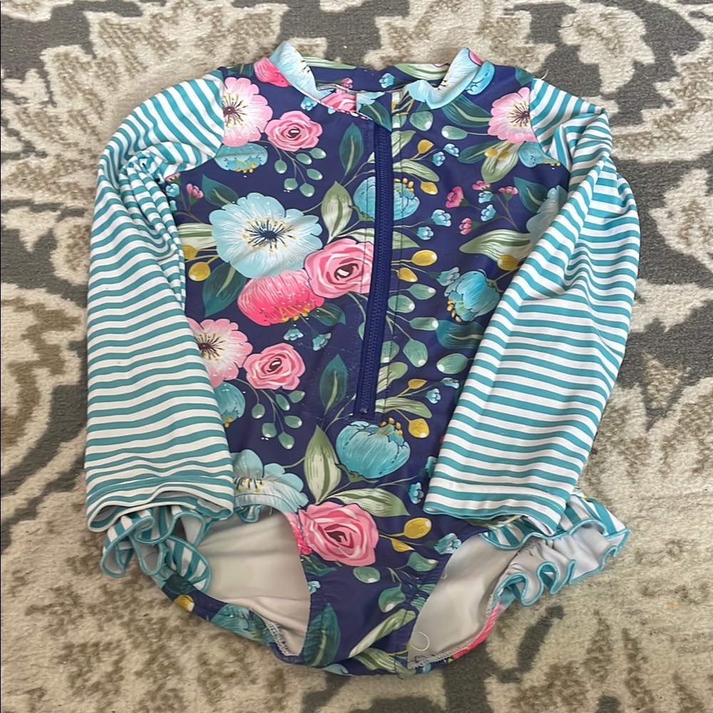 Floral and Striped Kids Long-sleeve Swimsuit